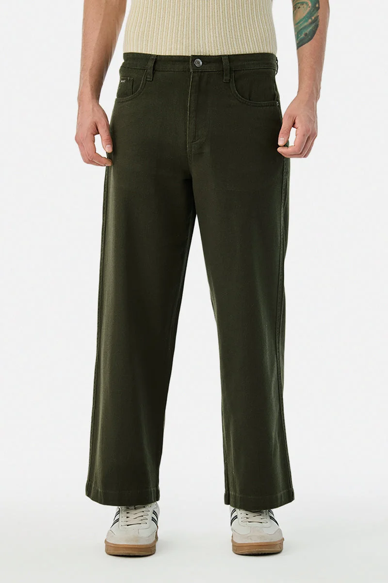 SNITCH Olive 100% Cotton Relaxed Fit Trousers for Men | Best Price UAE